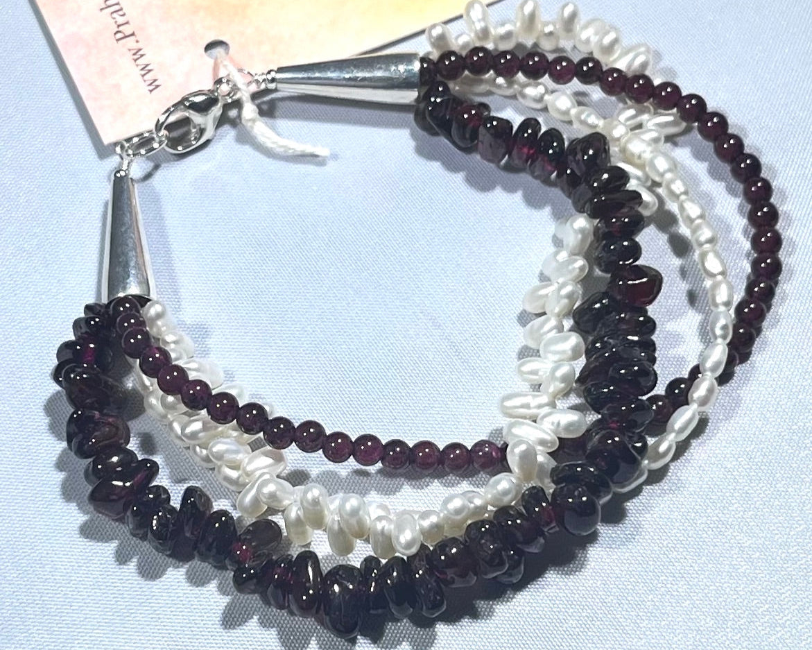 4-Strand Garnet and Freshwater Pearl Bracelet in Sterling Silver