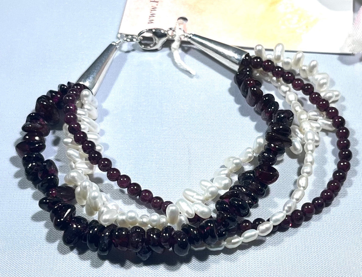 4-Strand Garnet and Freshwater Pearl Bracelet in Sterling Silver