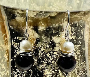 Garnet and Freshwater Pearl Earrings in Sterling Silver