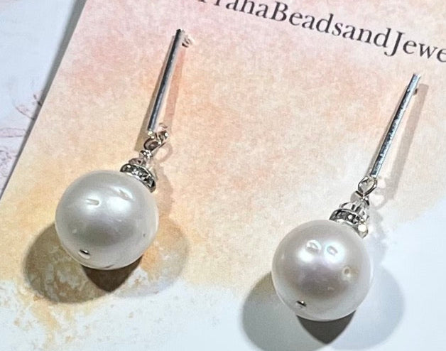 Large White Freshwater Pearl Earrings on Sterling Silver Bars