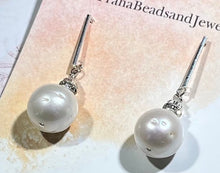 Load image into Gallery viewer, Large White Freshwater Pearl Earrings on Sterling Silver Bars
