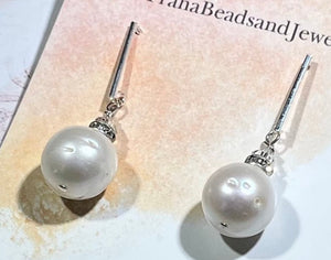 Large White Freshwater Pearl Earrings on Sterling Silver Bars