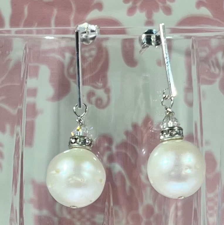 Large White Freshwater Pearl Earrings on Sterling Silver Bars