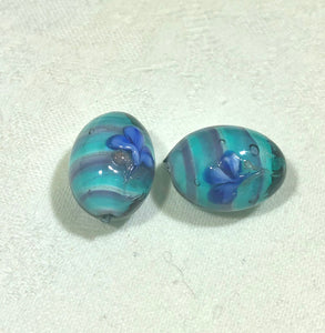 Murano Glass Blue and Aqua Oval Blue Flower Motif Bead, 20MM