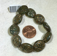 Czech Puffed Oval Green/Bronze Etched Glass Beads