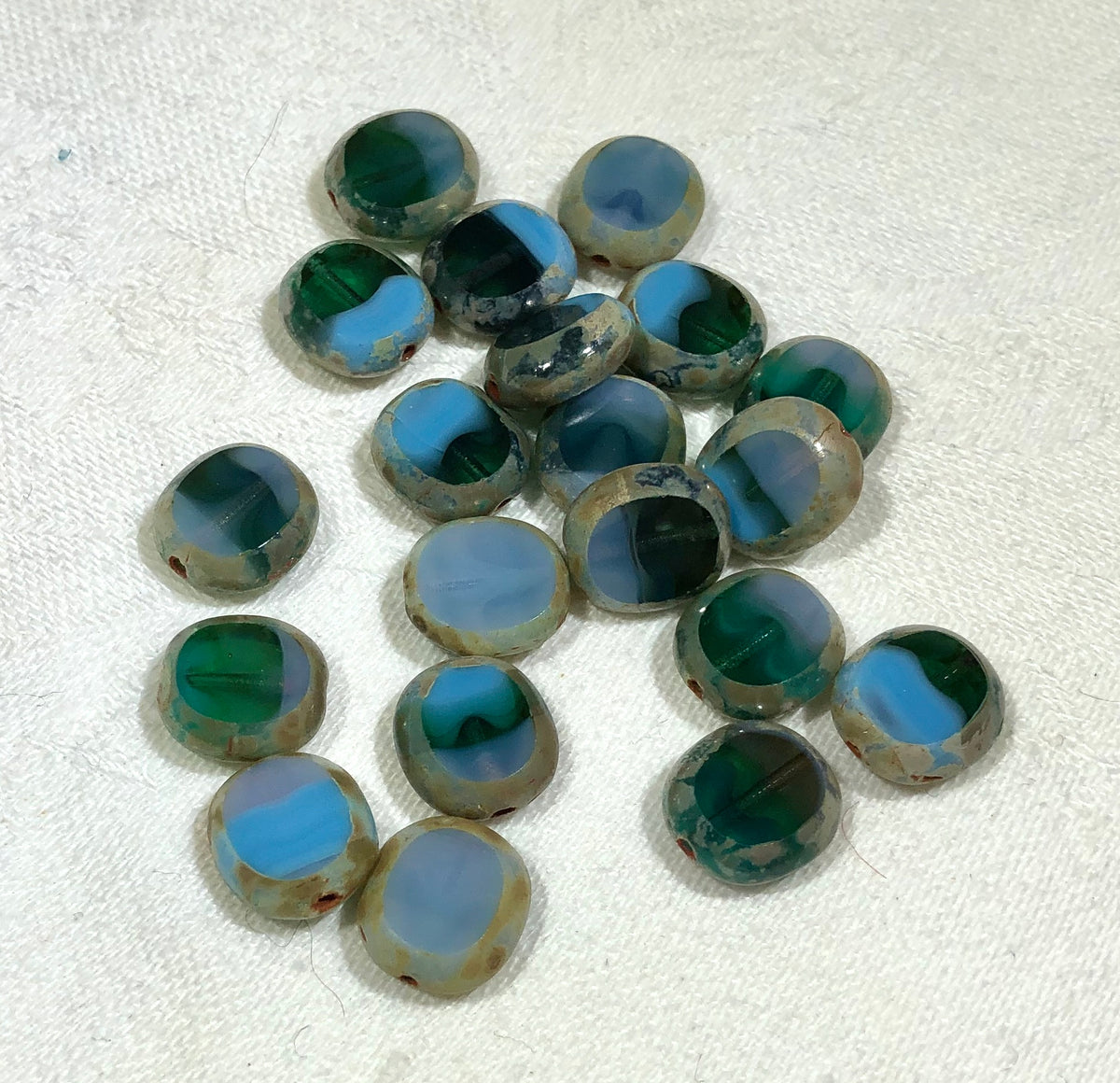 Oval Etched Green/blue/beige Beads, Czech 10MM