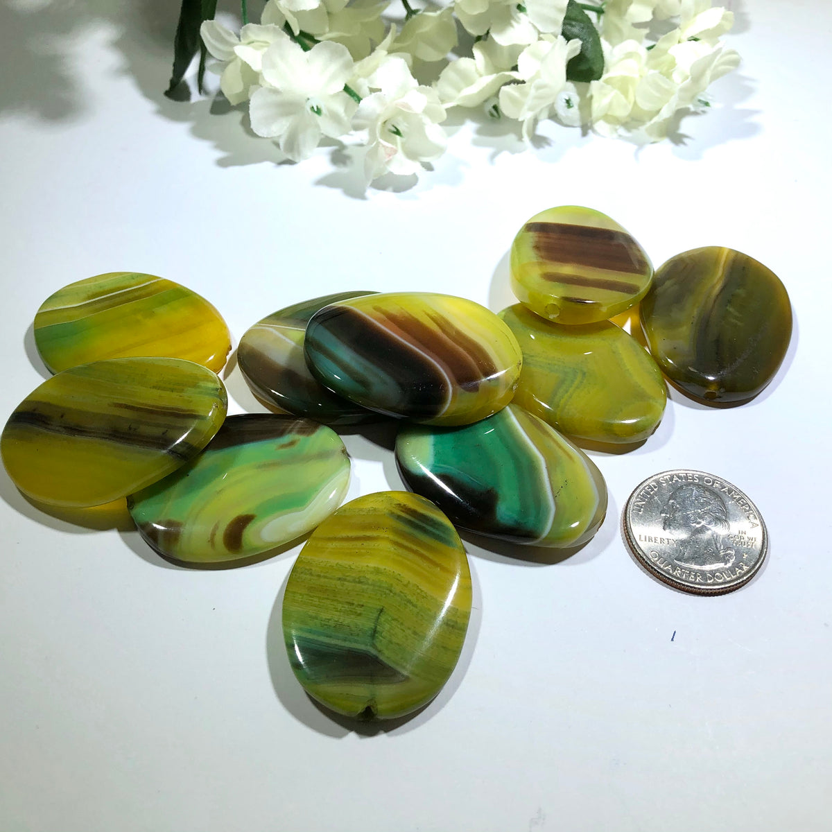 Huge Yellow and Green Oval Natural Stripe Agate Beads, 38 MM x 26 MM