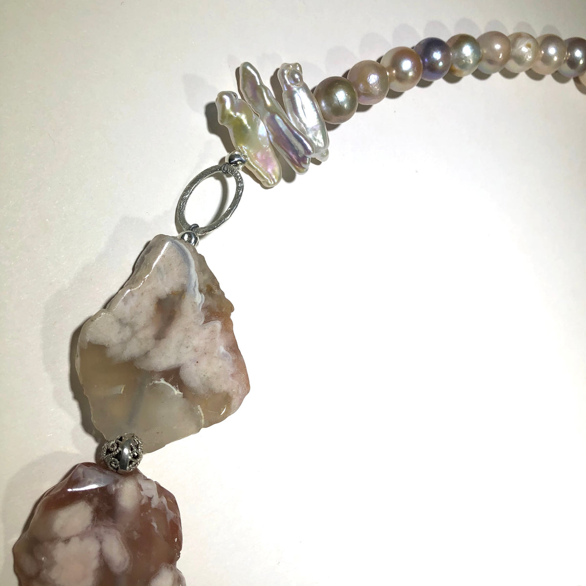 Cherry Blossom Agate and Pastel Freshwater Pearl Necklace in Sterling Silver