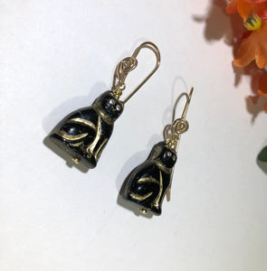 Black and Gold Czech Glass Cat Earrings in 14K Gold Fill