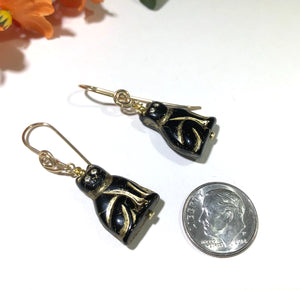 Black and Gold Czech Glass Cat Earrings in 14K Gold Fill