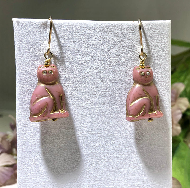 Pink Czech Glass Cat Earrings in 14K Gold Fill
