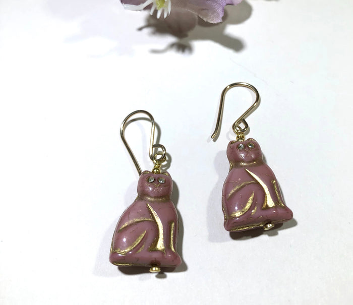 Pink Czech Glass Cat Earrings in 14K Gold Fill