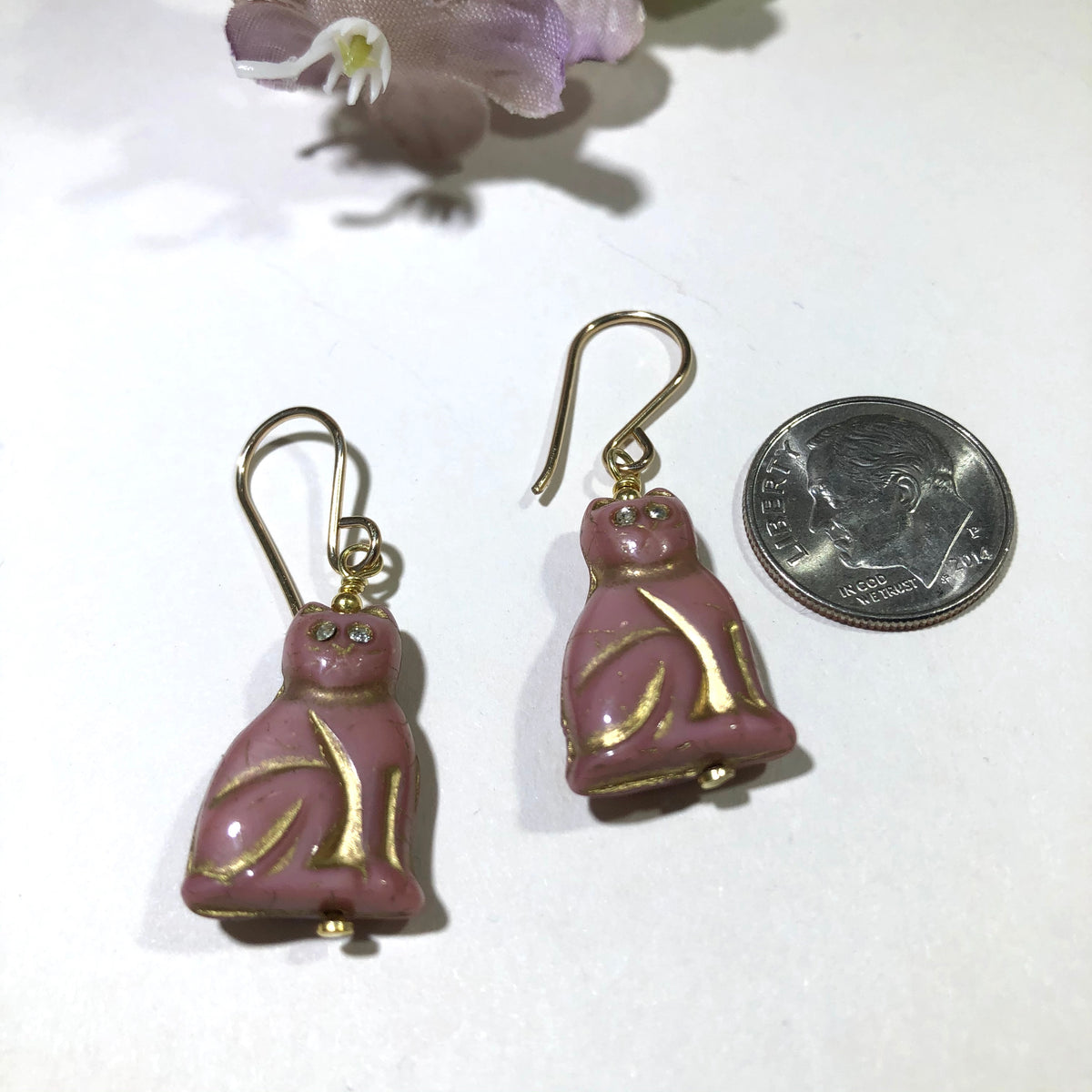 Pink Czech Glass Cat Earrings in 14K Gold Fill