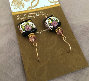 Square Black Murano Glass, Venetian Foil Earrings in 14K Gold Fill