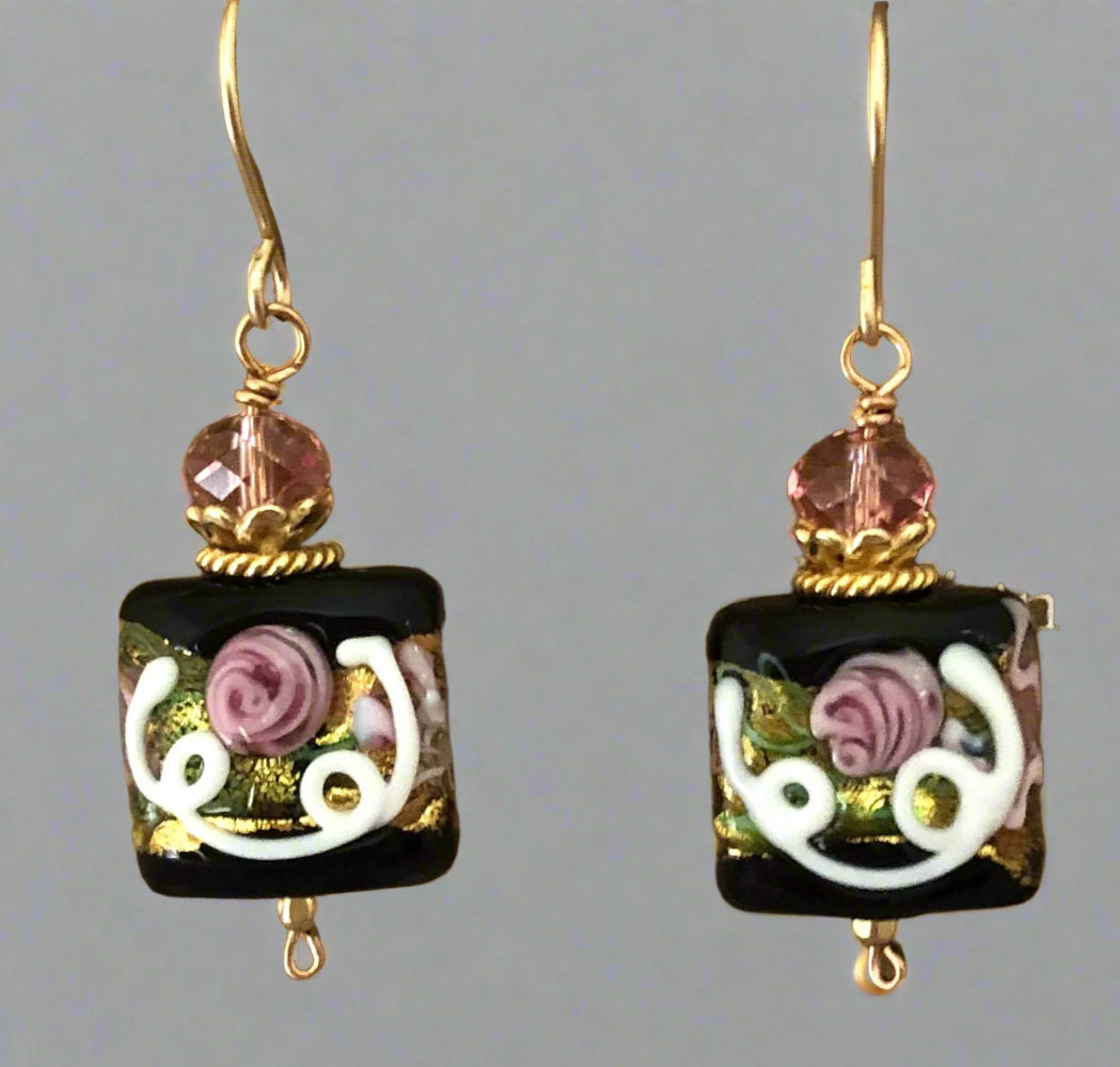 Square Black Murano Glass, Venetian Foil Earrings in 14K Gold Fill