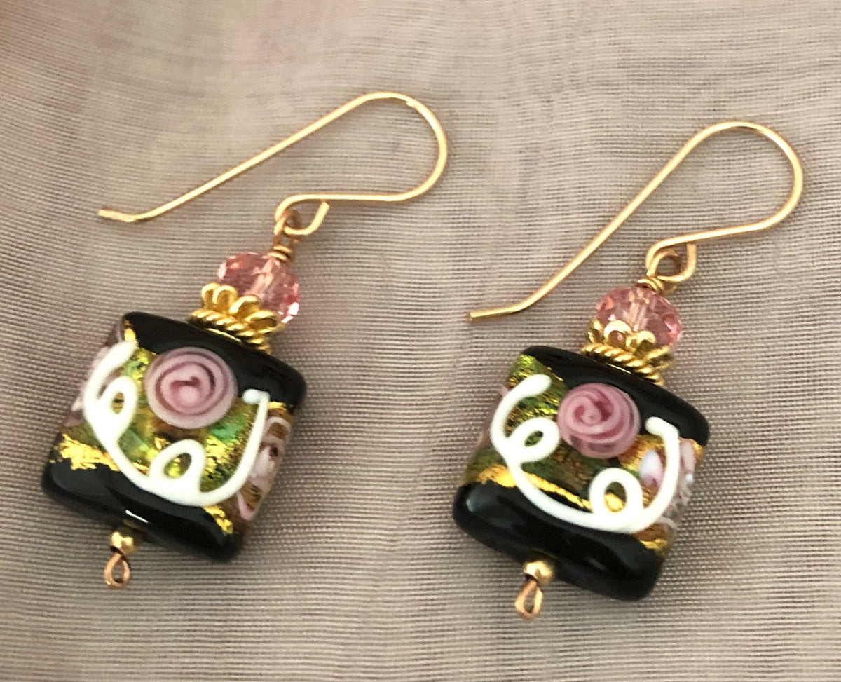 Square Black Murano Glass, Venetian Foil Earrings in 14K Gold Fill