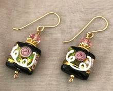 Load image into Gallery viewer, Square Black Murano Glass, Venetian Foil Earrings in 14K Gold Fill
