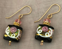 Load image into Gallery viewer, Square Black Murano Glass, Venetian Foil Earrings in 14K Gold Fill
