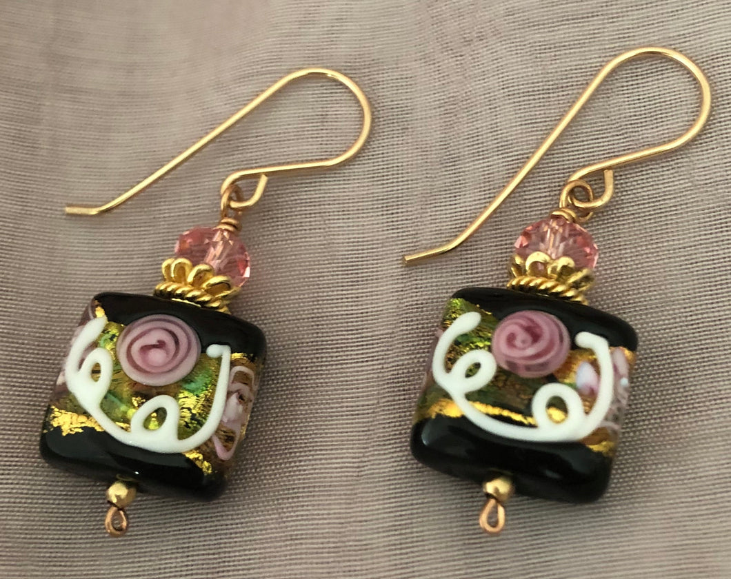 Square Black Murano Glass, Venetian Foil Earrings in 14K Gold Fill