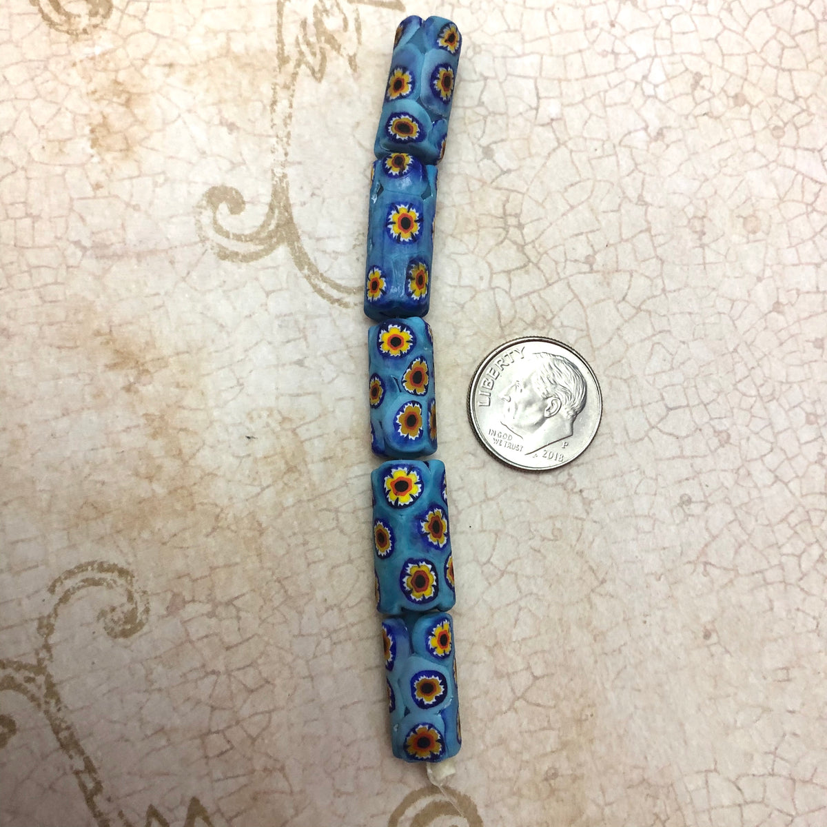 Millefiori Tube Beads, Blue and Yellow, 18MM x 8MM