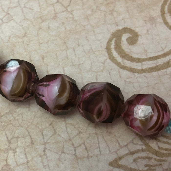 Czech Vintage Glass Oval Shape Pink and Brown Beads