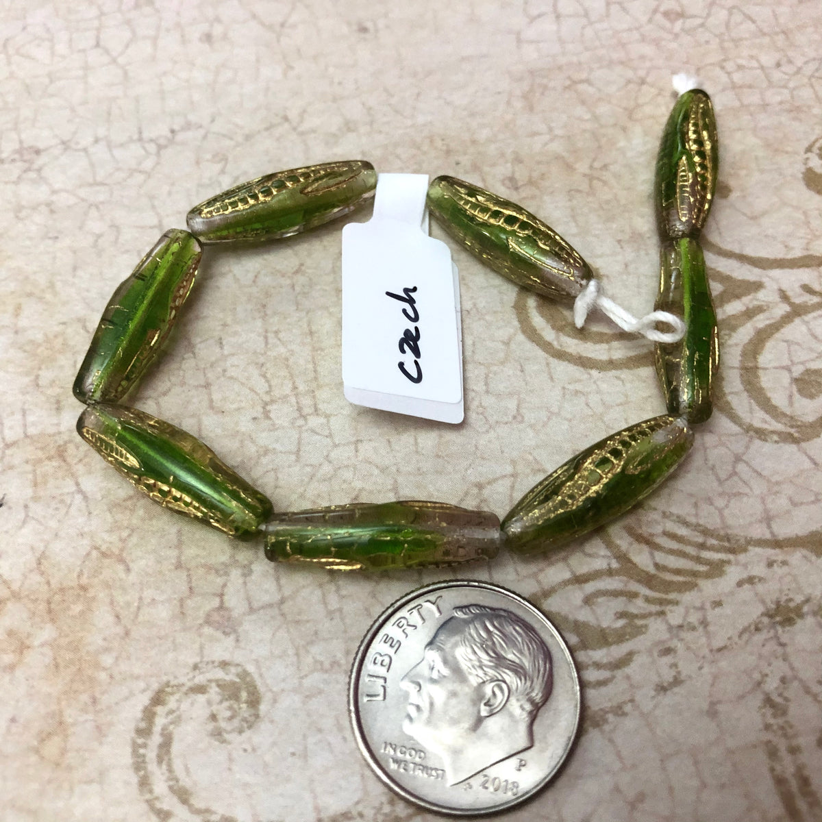 Czech Green and Gold "Corn Cob" Beads