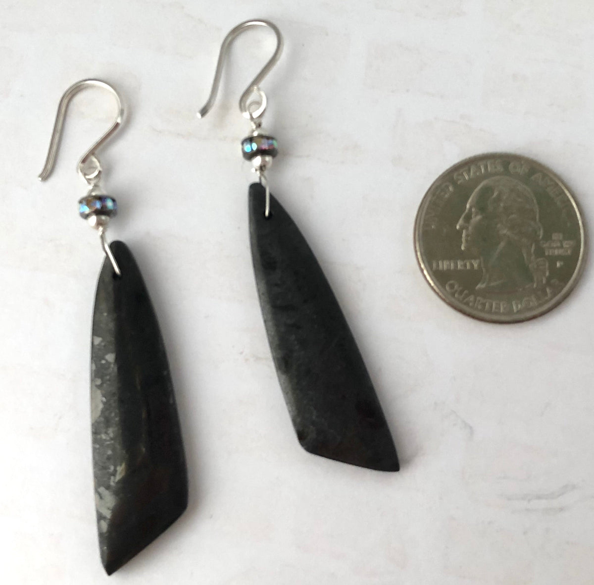 Long Black Asymmetrical Jasper Earrings in Sterling Silver