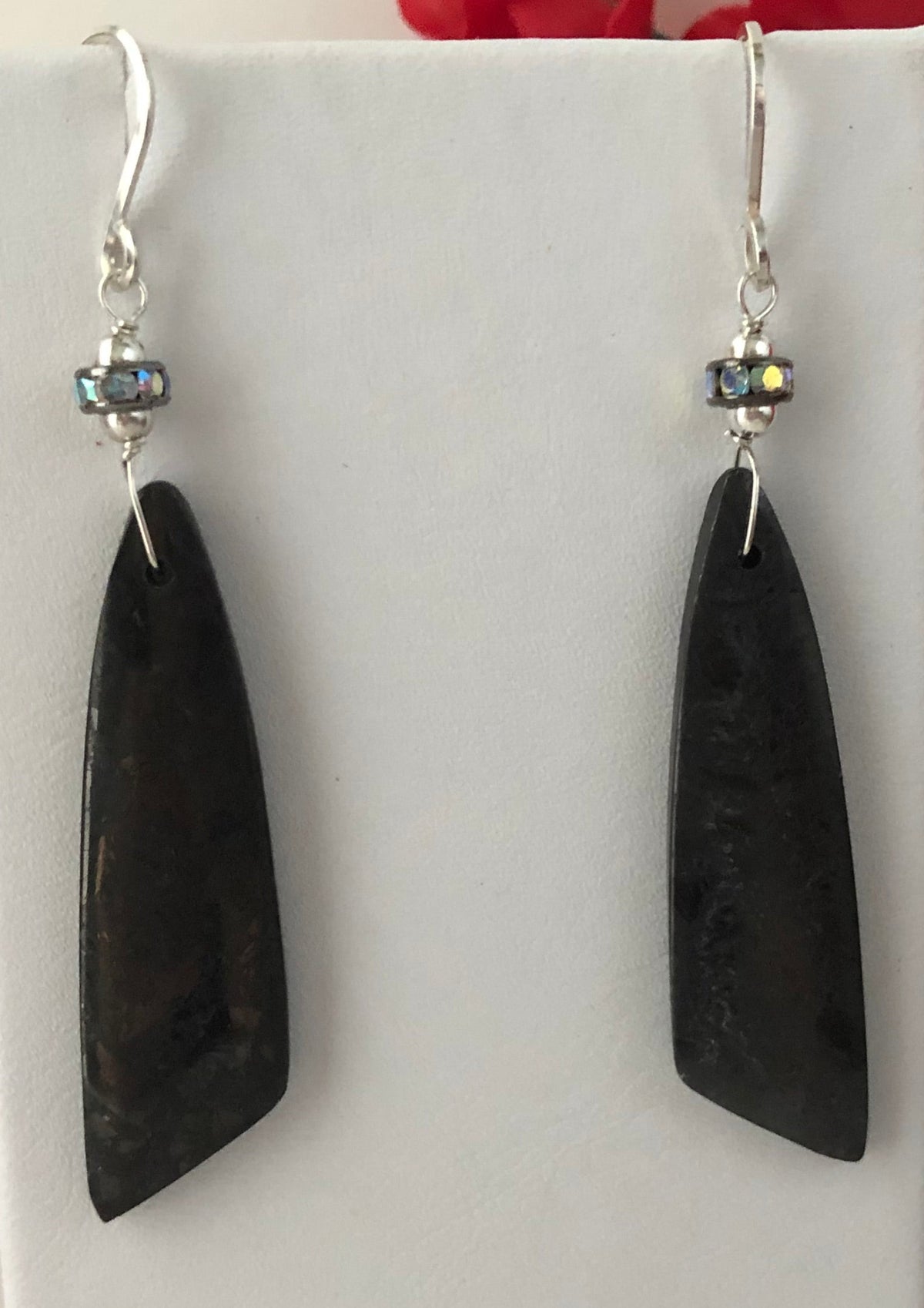 Long Black Asymmetrical Jasper Earrings in Sterling Silver