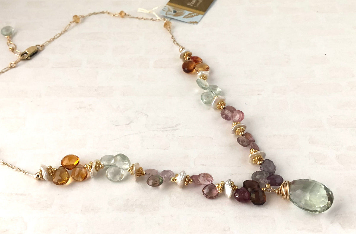 Green Amethyst Multi Gemstone Statement Necklace in 14K Gold Fill