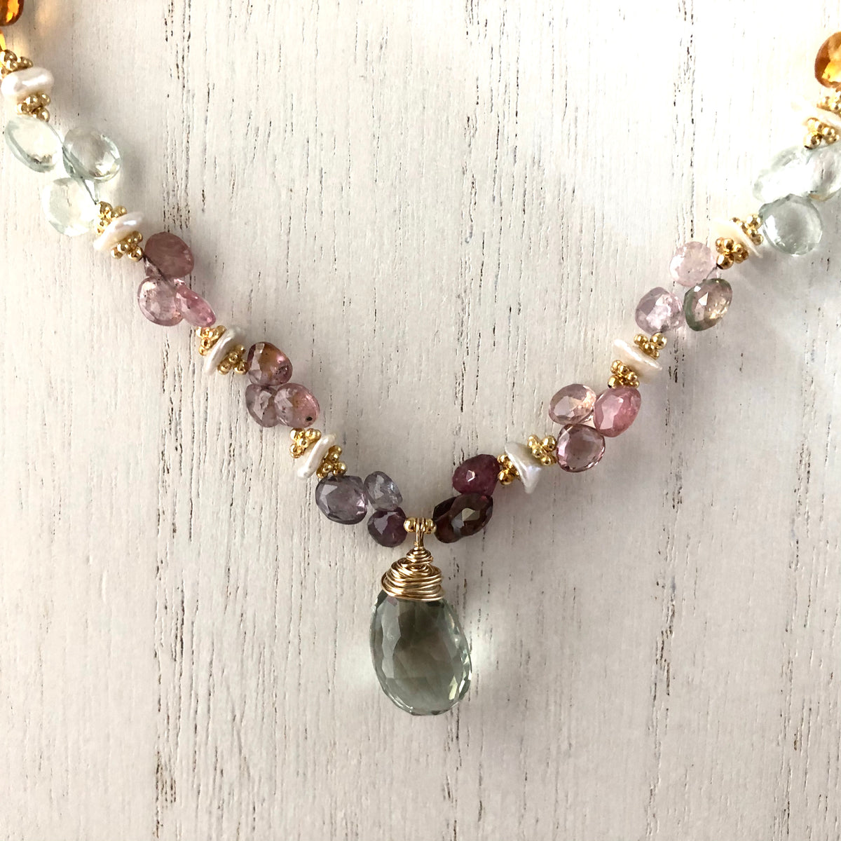 Green Amethyst Multi Gemstone Statement Necklace in 14K Gold Fill