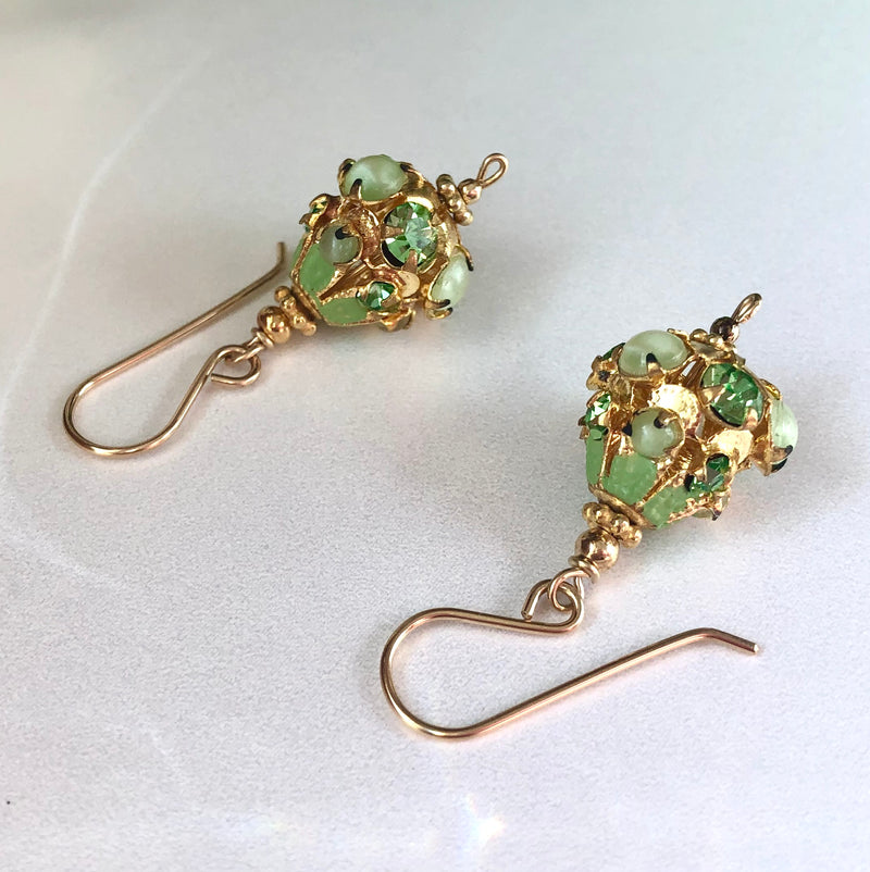 Vintage Austrian Green Crystal Earrings in 14K Gold Fill