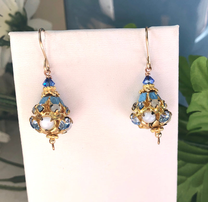 Vintage Austrian Blue Crystal Earrings in 14K Gold Fill