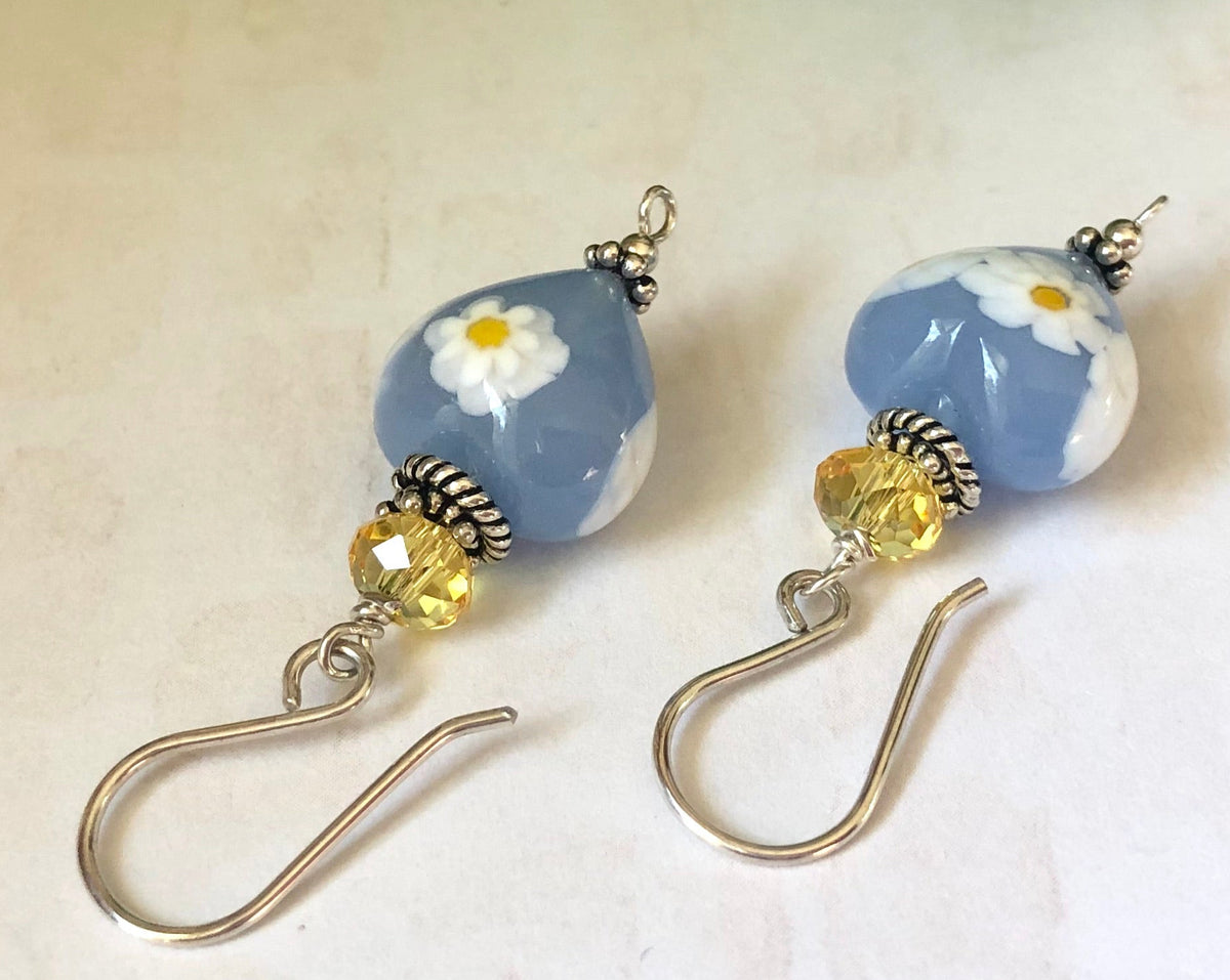 Blue and Yellow Heart Shape Murano Glass Earrings with Swarovski Crystals in Sterling Silver