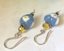 Load image into Gallery viewer, Blue and Yellow Heart Shape Murano Glass Earrings with Swarovski Crystals in Sterling Silver
