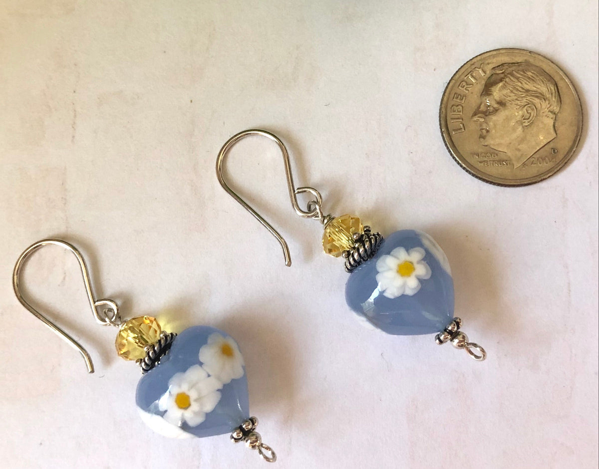 Blue and Yellow Heart Shape Murano Glass Earrings with Swarovski Crystals in Sterling Silver