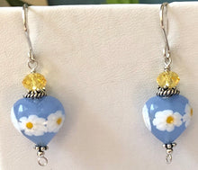 Load image into Gallery viewer, Blue and Yellow Heart Shape Murano Glass Earrings with Swarovski Crystals in Sterling Silver
