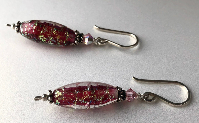 Handmade Pink Sparkle Czech Glass Lampwork Earrings in Sterling Silver