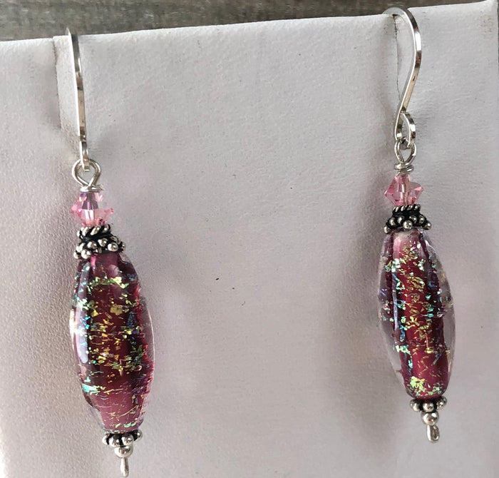 Handmade Pink Sparkle Czech Glass Lampwork Earrings in Sterling Silver