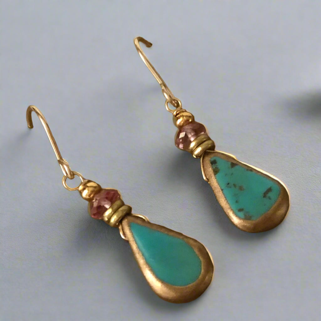 Faux Turquoise and Gold Earrings, Pink Topaz in 14K Gold Fill