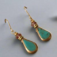 Faux Turquoise and Gold Earrings, Pink Topaz in 14K Gold Fill