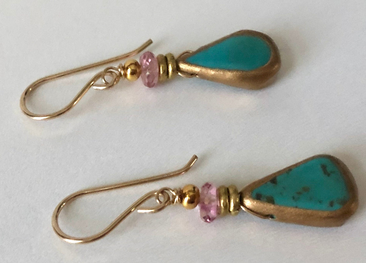 Faux Turquoise and Gold Earrings, Pink Topaz in 14K Gold Fill