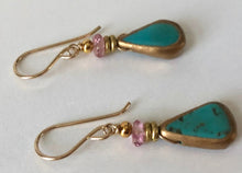 Load image into Gallery viewer, Faux Turquoise and Gold Earrings, Pink Topaz in 14K Gold Fill
