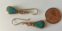 Load image into Gallery viewer, Faux Turquoise and Gold Earrings, Pink Topaz in 14K Gold Fill
