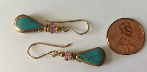 Faux Turquoise and Gold Earrings, Pink Topaz in 14K Gold Fill