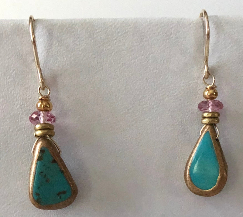 Faux Turquoise and Gold Earrings, Pink Topaz in 14K Gold Fill