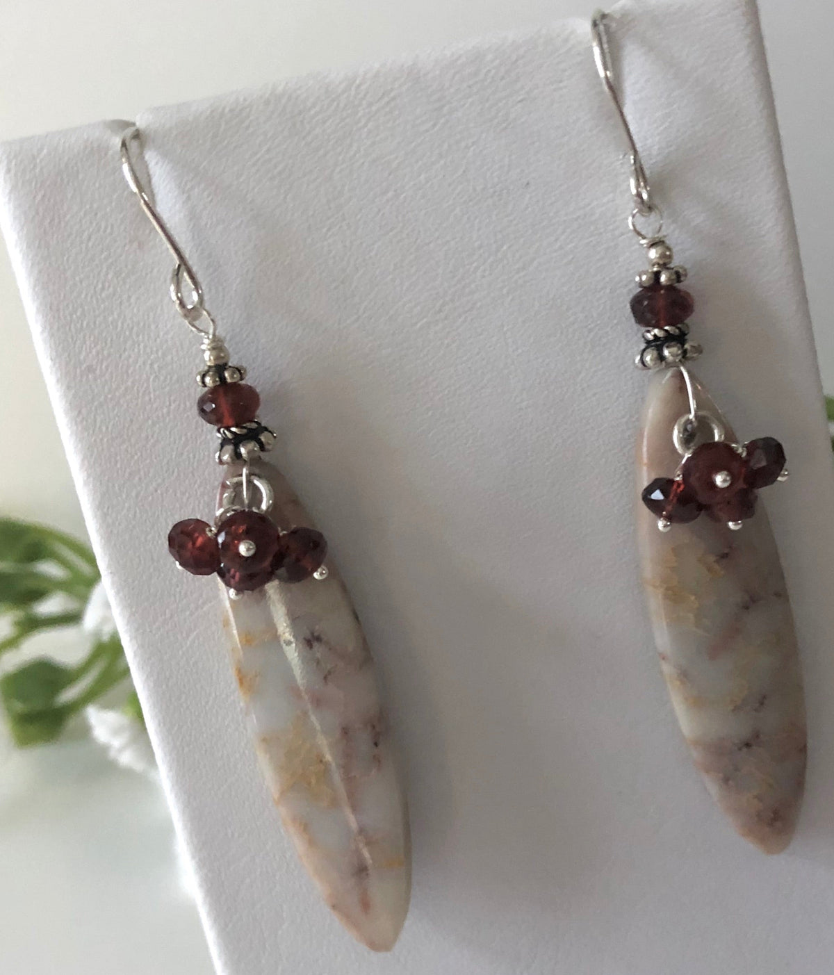 Long Light Copper Composite Jasper and Garnet Earrings in Sterling Silver