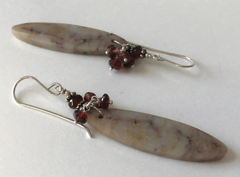 Long Light Copper Composite Jasper and Garnet Earrings in Sterling Silver