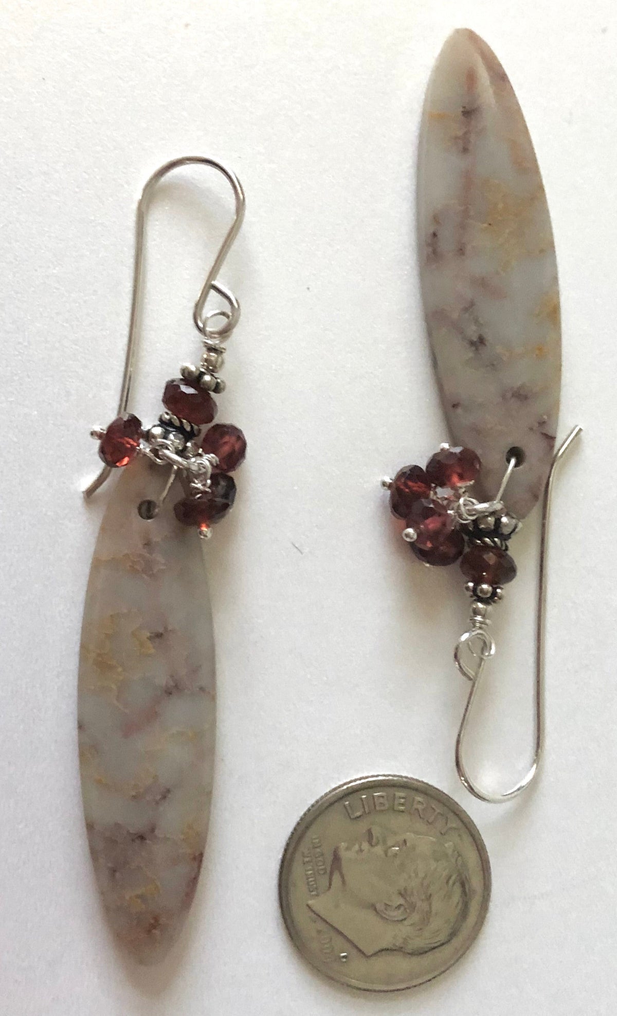 Long Light Copper Composite Jasper and Garnet Earrings in Sterling Silver