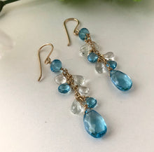 Load image into Gallery viewer, Long Swiss Blue Topaz Dangle Earrings in 14K Gold Fill
