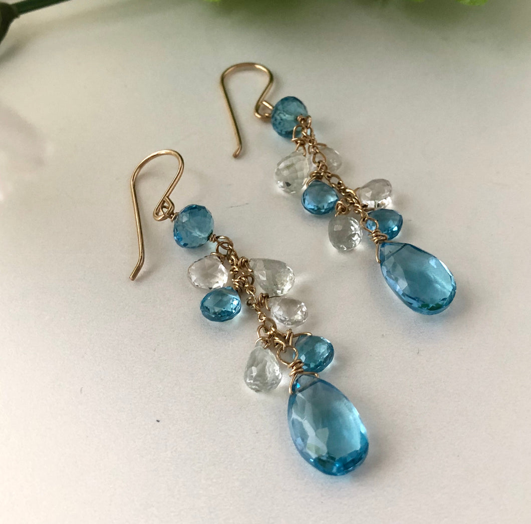 Long Swiss Blue Topaz Dangle Earrings in 14K Gold Fill